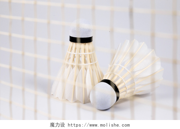 羽毛球场里的羽毛球和羽毛球网特写镜头羽毛球、 羽毛球拍和羽毛球一套.